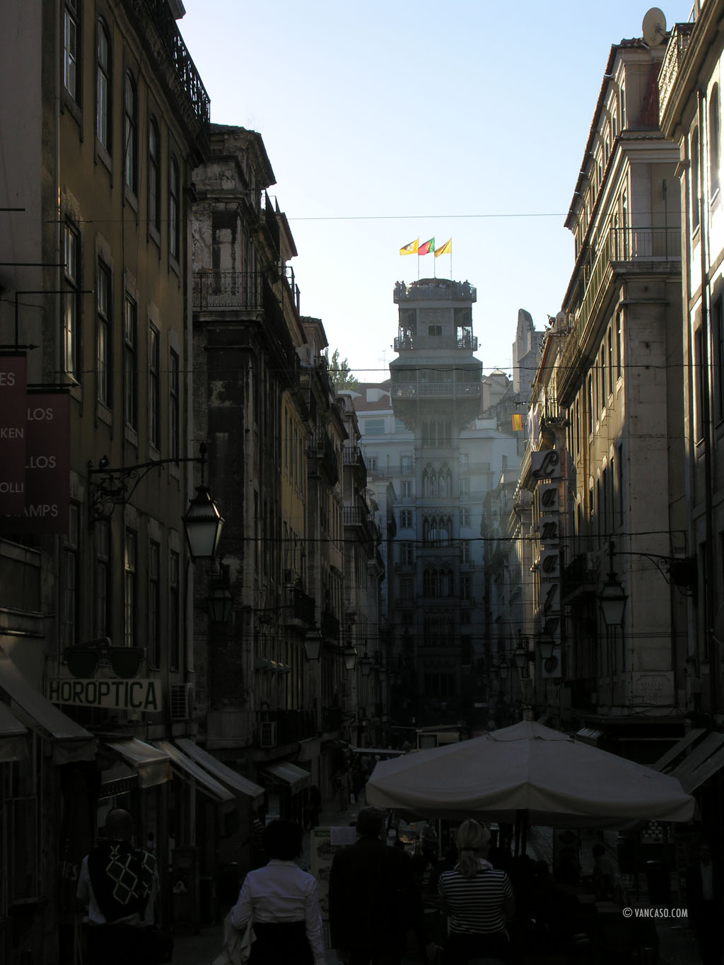 View of the Santa Justa Lift from R. de Sant Justa in Lisbon, Portigal
